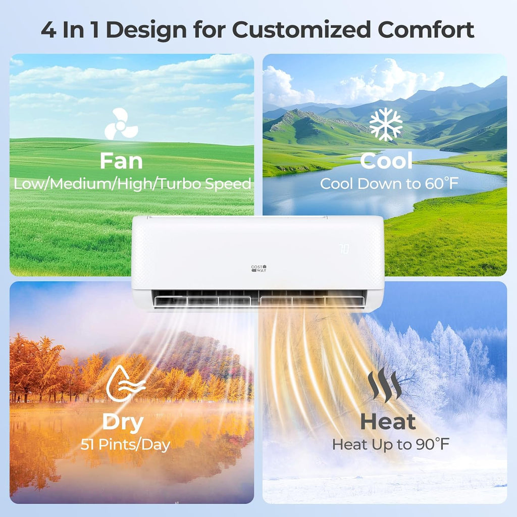 COSTWAY 9000 BTU Mini Split Air Conditioner, with Heat Pump, 20.5 SEER2 115V Inverter, 24H Timer, Auto Clean, Remote Control for Rooms up to 450 Sq.Ft (Airtural Series)