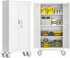 GAIOUS Metal Garage Storage Cabinet with Lock, 61” Tall Lockable File Cabinet with Wheels, Steel Tool Cabinet with 2 Door and 3 Adjustable Shelves, Rolling Cabinet for Home Office Garage Gym - White