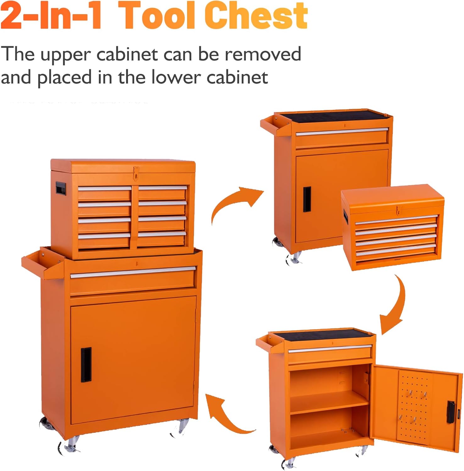 5 Drawers Tool Cart on Wheels with 1 Cabinet, Multifunctional Removable Rolling Tool Box Storage Set, Tool Trolley Organizer Tool Chest for Garage,Repair Shop,Warehouse,Workshop (Orange)