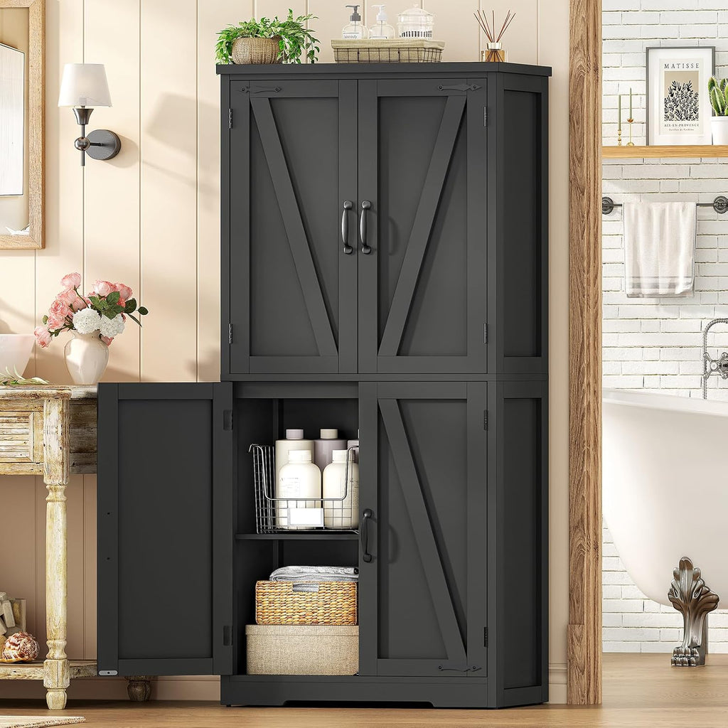 TEENFON 58" H Storage Cabinet with Adjustable Shelf, Kitchen Cabinet with 4 Doors, Farmhouse Pantry Cabinets, Cupboard for Kitchen, Bathroom, Living Room, Black