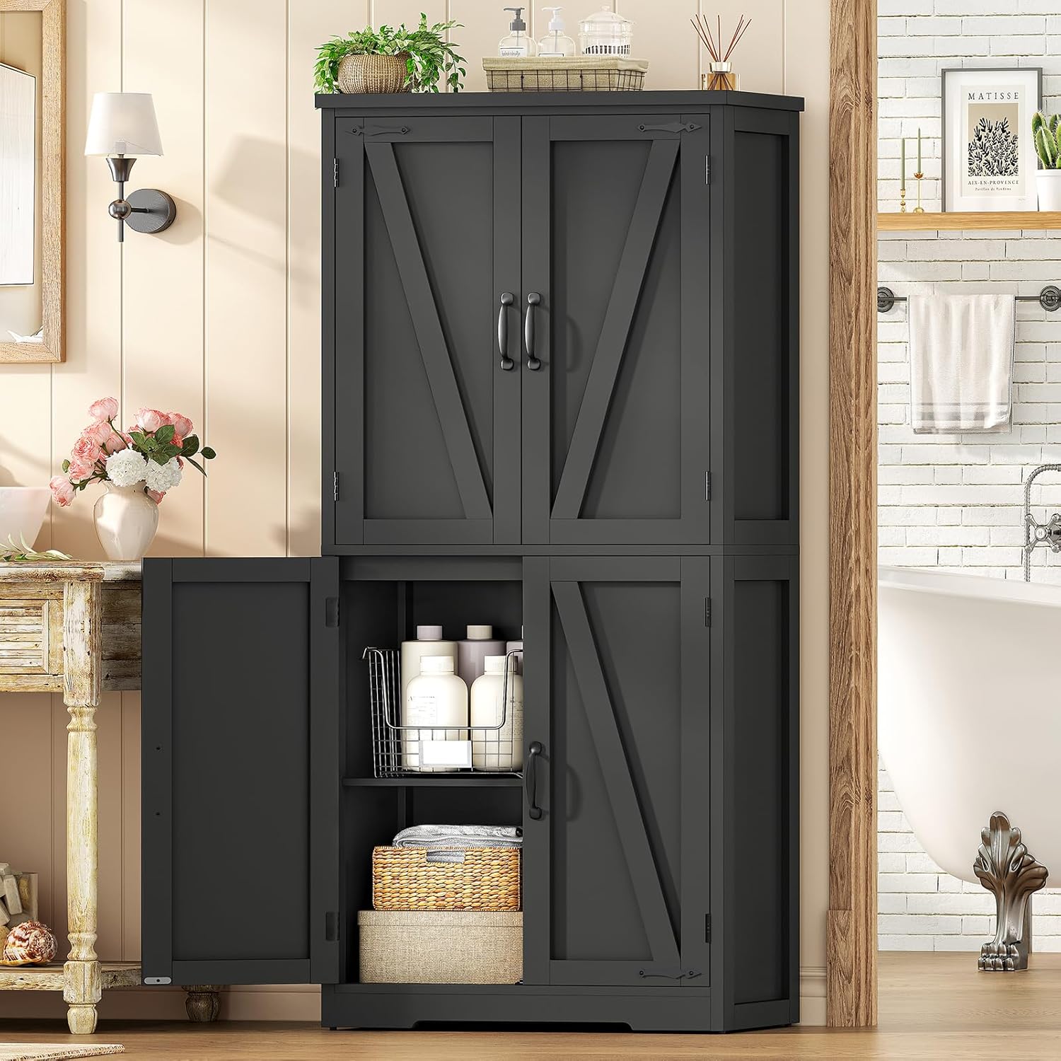 TEENFON 58" H Storage Cabinet with Adjustable Shelf, Kitchen Cabinet with 4 Doors, Farmhouse Pantry Cabinets, Cupboard for Kitchen, Bathroom, Living Room, Black