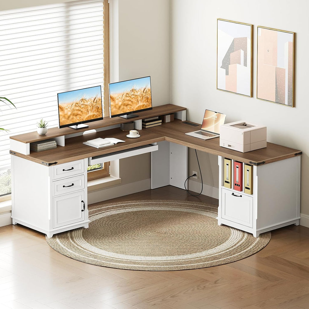 Farmhouse 69" Executive L Shaped Desk with Drawer, Home Office Desk with Charging Station, Corner Computer Desk with Monitor Stand, File Drawer, Storage Cabinet, White and Walnut
