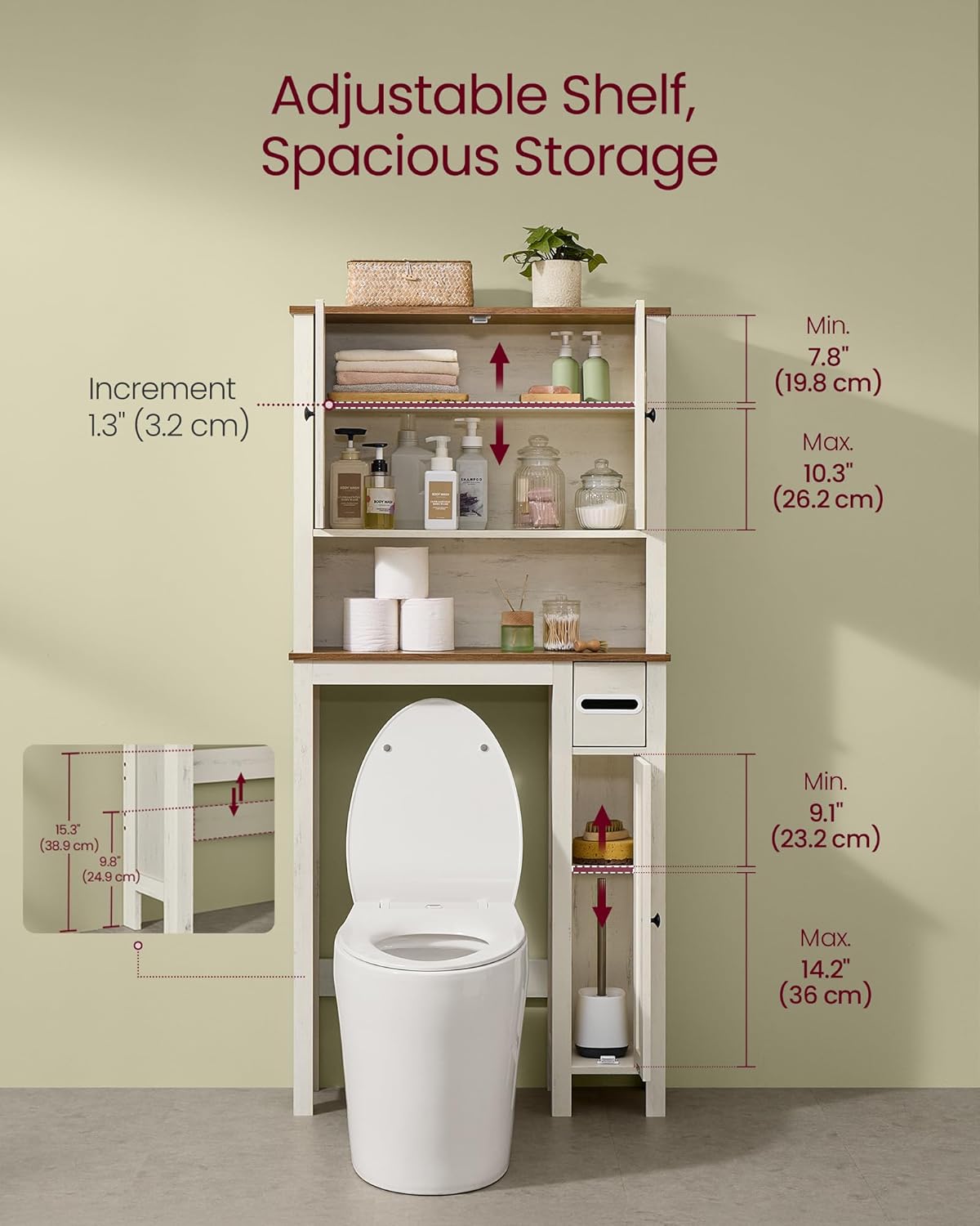 VASAGLE LIRY Collection - Over-the-Toilet Storage Cabinet, 31.3-Inch Wide Farmhouse Bathroom Organizer, Barn Doors, Toilet Paper Holder, Adjustable Shelves, Space-Saving, Rustic White UBTS027WJ01S