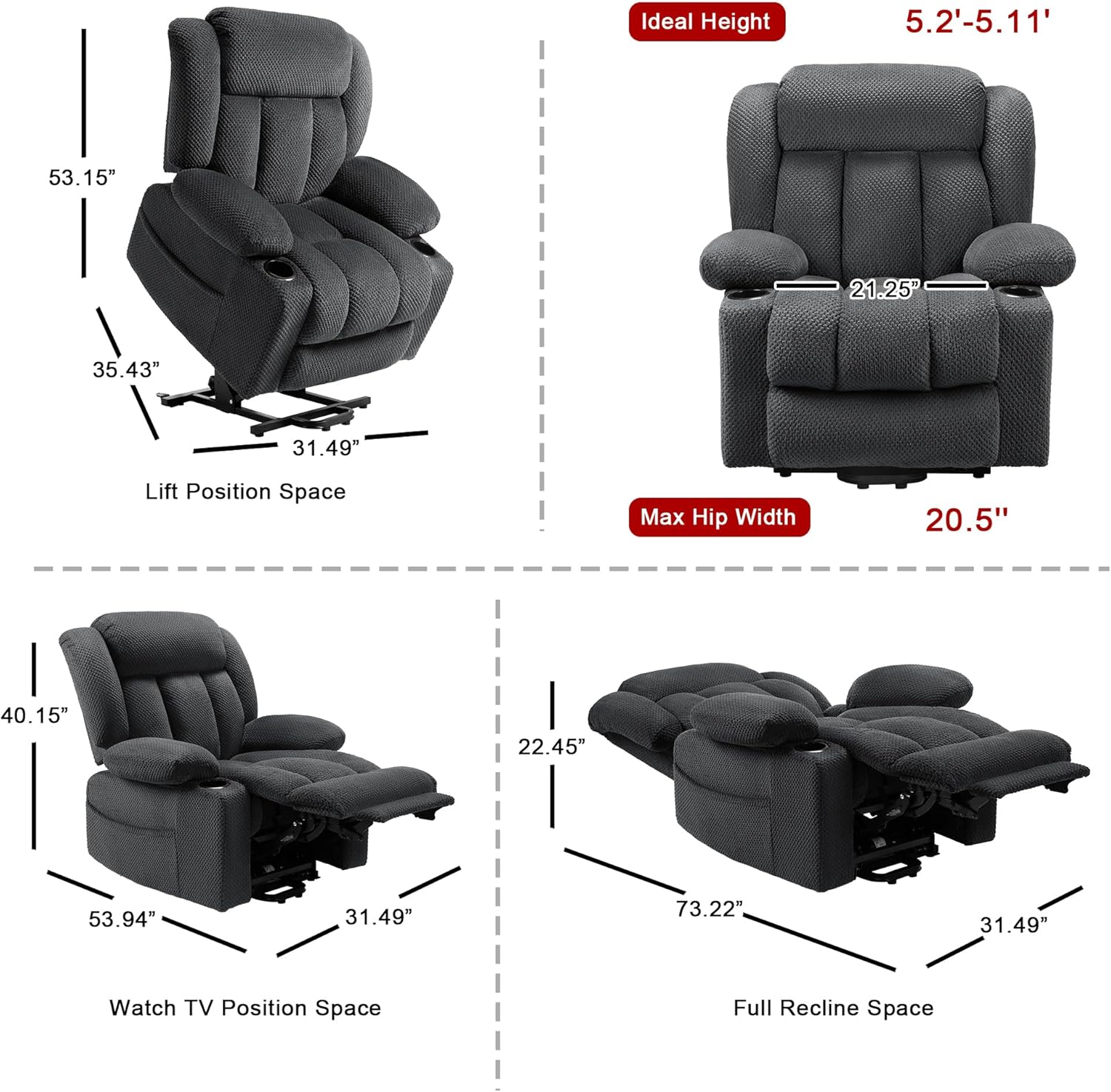 Dual-Motor Power Lift Chair Recliner for Elderly, Plush Fabric Lay Flat Large Lift Recliner with Extended Footrest, Massage and Heat, USB-A & Type C, Cup Holder, Side Pocket, Grey