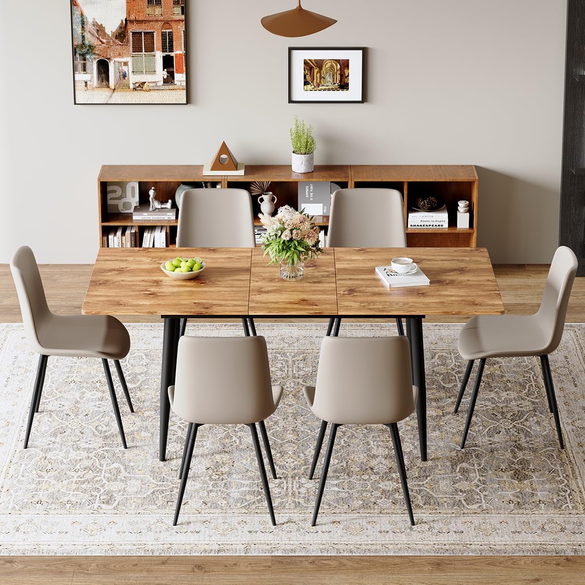 59"-75" Extendable Dining Table Set for 6, Mid Century Dining Room Table Set for 6, Modern Wood Kitchen Table Upholstered Chairs Set of 6, Ideal for Dining Room,Office, Space-Saving, Easy to Assemble