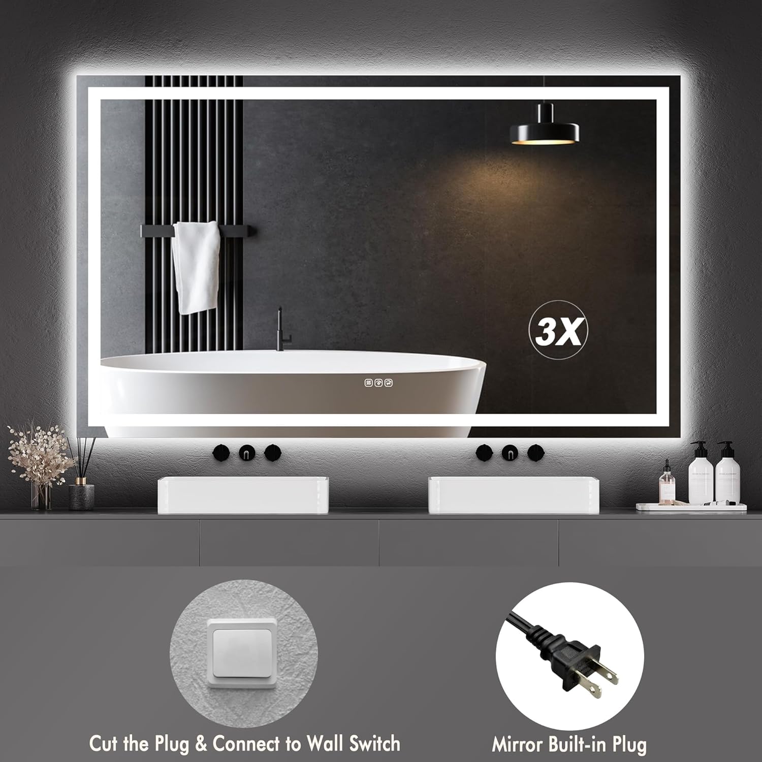 GarveeHome 60x36 LED Bathroom Mirror with Lights, Dimmable, Anti-Fog, Backlit + Front Lit, and 3X Magnification Mirror, Smart Bathroom Vanity Mirror for Wall, Memory Function, Shatter-Proof