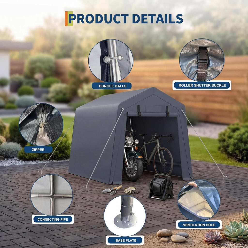 6x6FT Carport, Heavy Duty Motorcycle Shed with Waterproof PE Tarp, Portable Outdoor Storage Shed for Bikes and Firewood, All-Weather Car Shelter with Roll-Up Zipper Door, 6x6FT, Gray