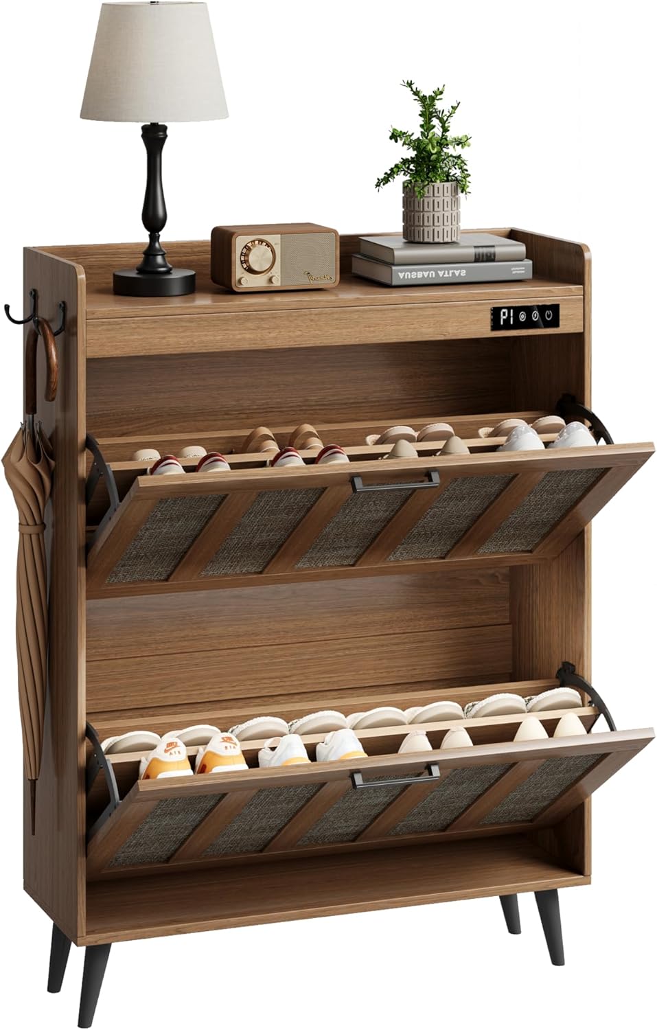 ChooChoo Shoe Storage Cabinet with 2 Flip Drawers, Deodorizing Shoe Organizer Storage for Entryway, Freestanding Hidden Slim Narrow Shoe Rack Cabinet, Rustic Oak