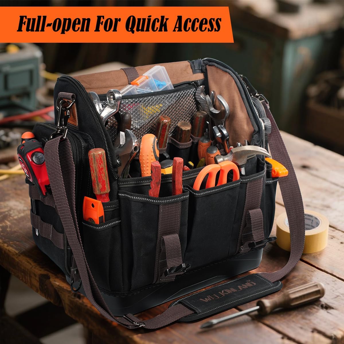 WELKINLAND 41-Pocket Electrician Tool Bag, 14-Inch HVAC Tools Bag, Heavy-Duty Waxed Canvas Tools Bags, Hard Bottom Tool Bags, Stay-up top-open Tool Bag, Quick-Access Tool Bags For Men