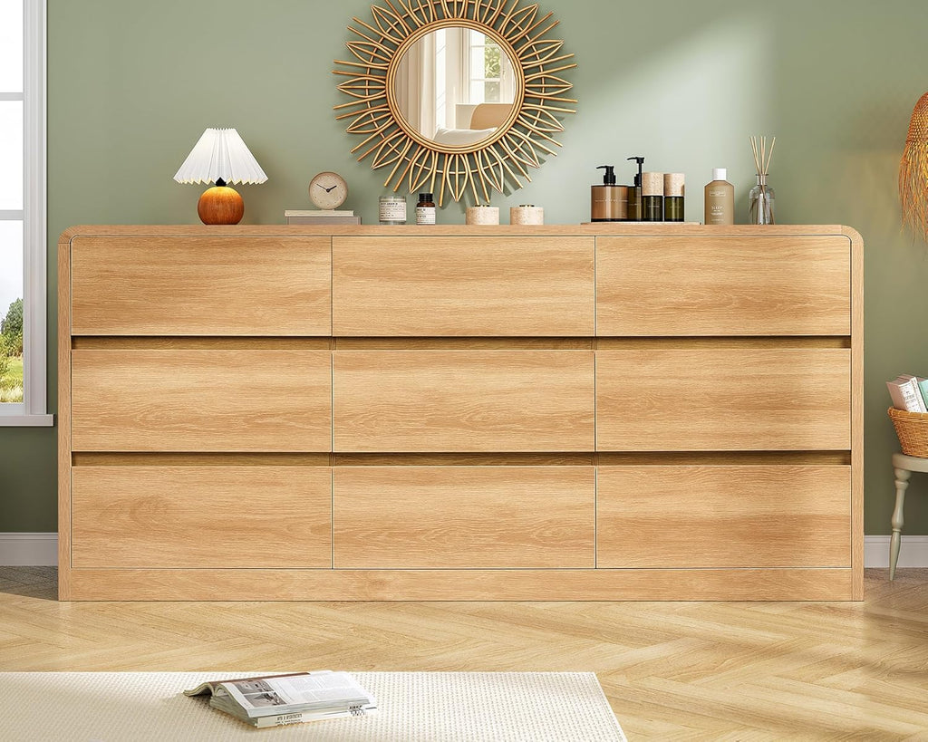TEENFON 9 Drawer Dresser for Bedroom, 63" Wide Dressers & Chest of Drawers with Curved Profile Design, Wood Closet Storage Dressers Organizer for Bedroom, Living Room, Natural