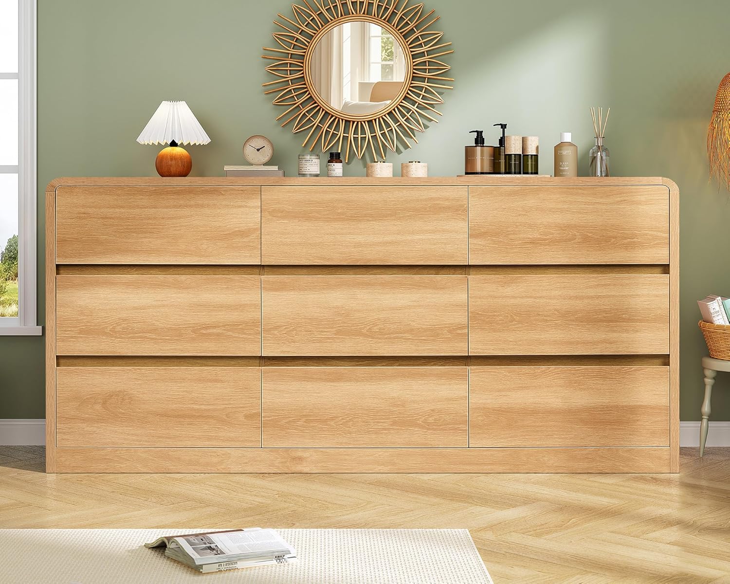 TEENFON 9 Drawer Dresser for Bedroom, 63" Wide Dressers & Chest of Drawers with Curved Profile Design, Wood Closet Storage Dressers Organizer for Bedroom, Living Room, Natural