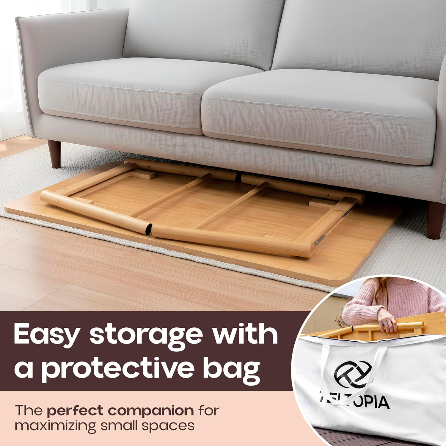 TelTopia Compact Folding Coffee Table – Foldable Collapsible Bamboo Table for Small Living Rooms, Apartments & Dorms – Portable with Removable Shelf & Bag