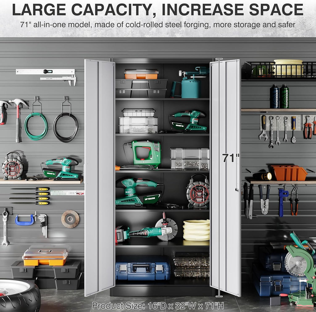 SISESOL Storage Cabinet with Doors and Shelves,71" Metal Storage Cabinet with Lock,5 Adjustable Shelf, Steel Lockers for Home Office,School,Shop,Garage Tool Utility Cabinets