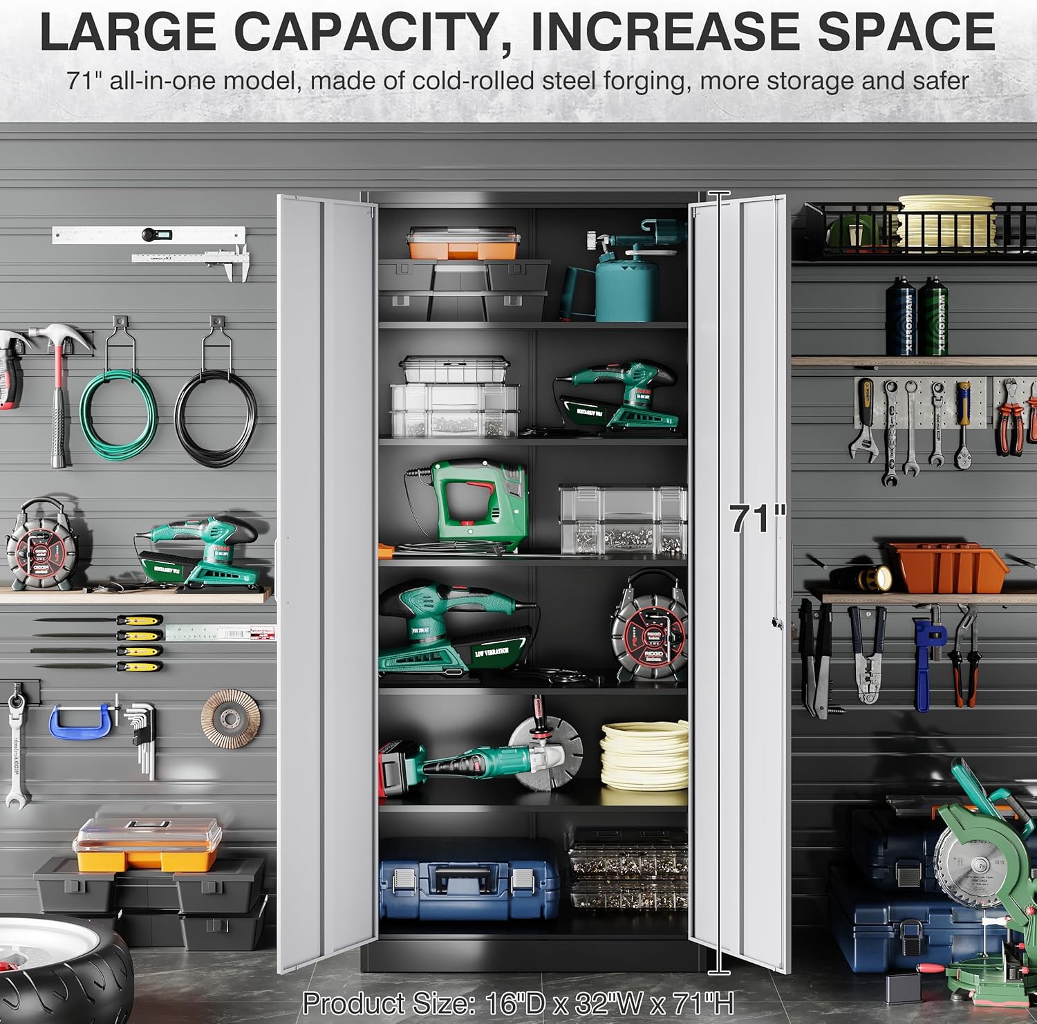SISESOL Storage Cabinet with Doors and Shelves,71" Metal Storage Cabinet with Lock,5 Adjustable Shelf, Steel Lockers for Home Office,School,Shop,Garage Tool Utility Cabinets