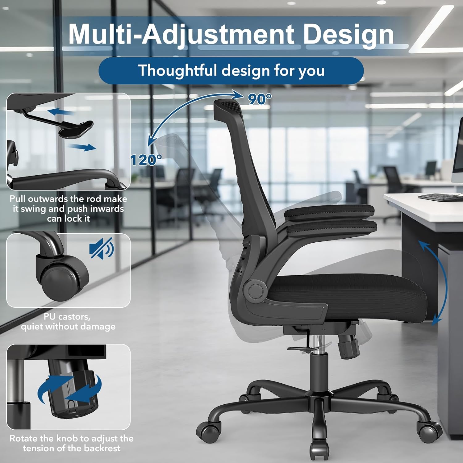 Ergonomic Office Chair, Mesh Desk Chair with Adjustable Height & Flip-Up Armrests, Comfortable Computer Chair for Long Hours, Silent Wheels for Home Office, 6-PCS
