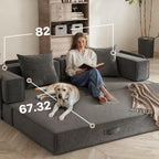 4-in-1 Convertible Sofa Bed, 82“ Compression Sofa with Chenille Fabric Pull Out Sleeper Sofa with 2 Pillows & 4 Side Pockets for Living Room Bedroom Apartment, No Assembly Required, Dark Grey