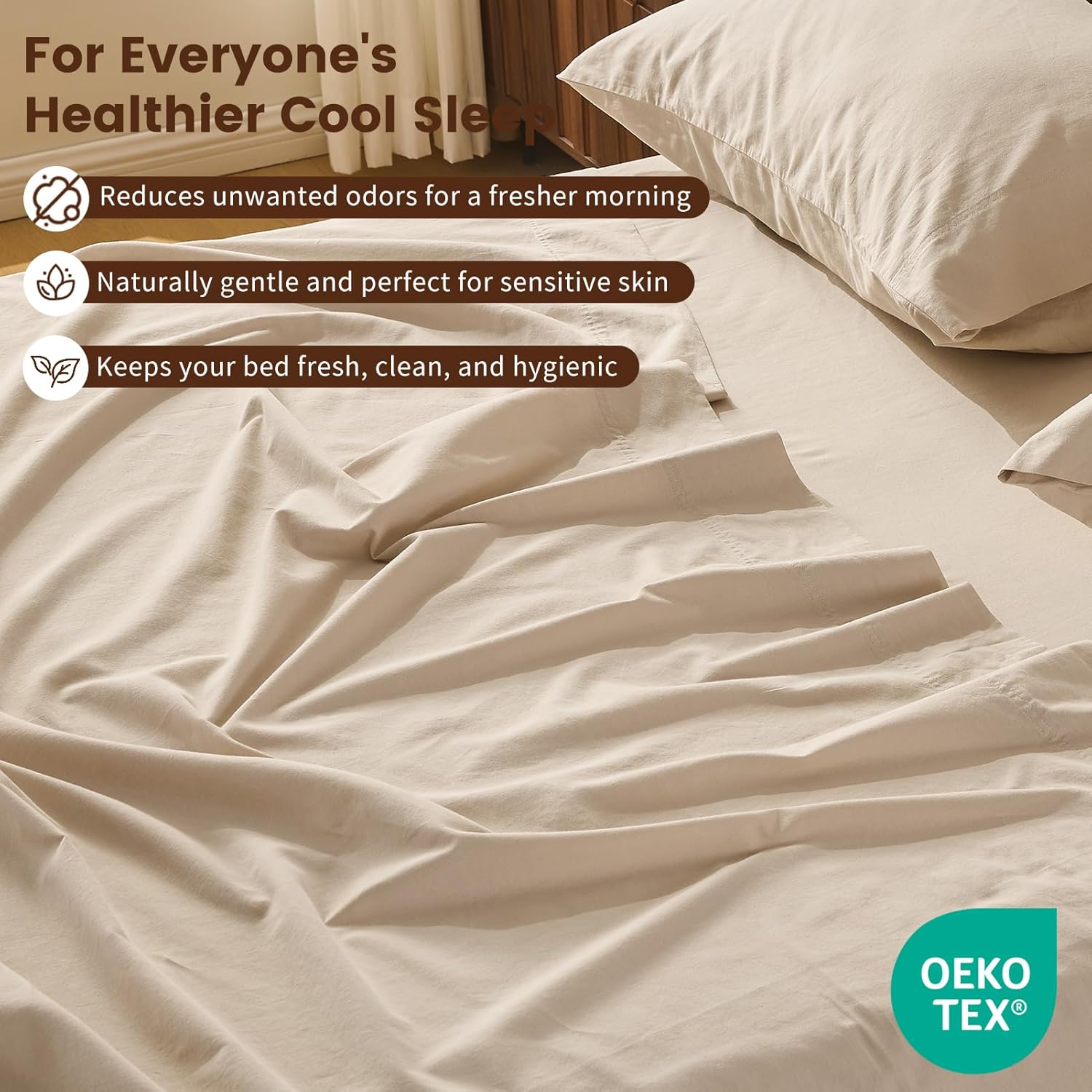 100% Linen Sheet Set Queen Size Extra Deep Pocket Fits 18-24 Inch Mattress, Breathable & Soft, Smooth 4-Piece Set for Thick Mattresses Hotel Luxury Bedding（Queen, Linen）
