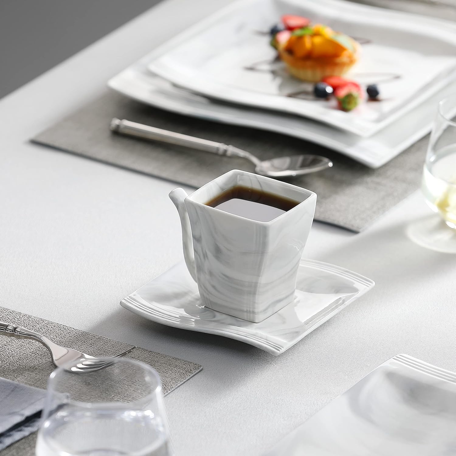 MALACASA Plates and Bowls Sets, 30 Piece Porcelain Dinnerware Sets for 6, Square Dinnerware Set with Dinner Plate, Dessert Plate, Soup Plate, Cup and Saucer, Modern Dish Set, Marble Grey, Series Flora