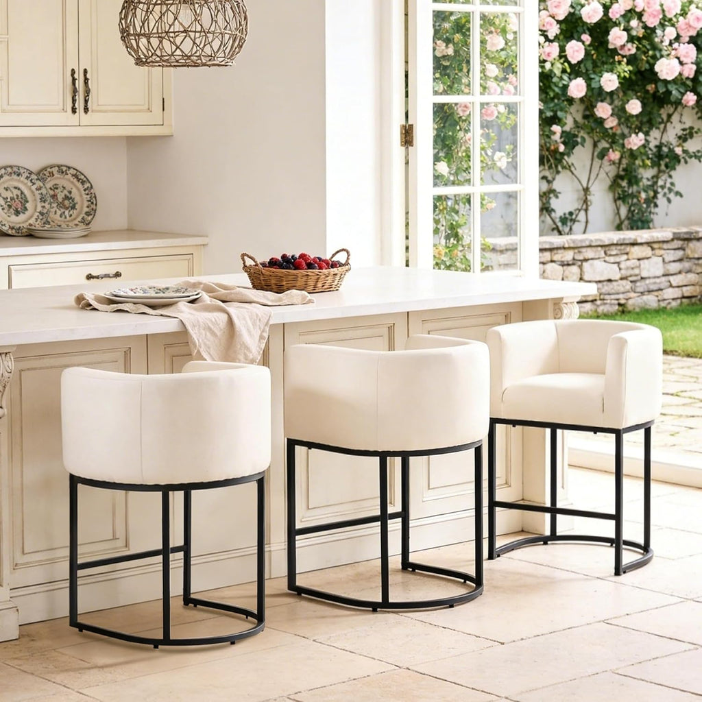 ClinQ 26" H Counter Height Bar Stools Set of 4, Modern Barrel Counter Stools with Backrest and Arms, Black Metal Frames,Linen Fabric Upholstered Accent Barstools for Kitchen Island,Beige