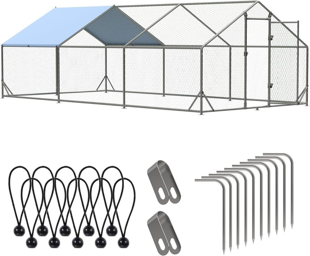 Large Metal Chicken Run Walk-in Poultry Cage Spire-Shaped Chicken Coop with Waterproof and Anti-Ultraviolet Cover for Outside Backyard and Farm 19.6' L x 9.8' W x 6.4' H