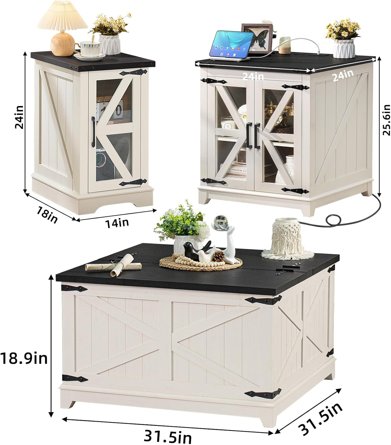 Farmhouse Coffee Table Sets 3 Pieces, 24'' End Table with Charger and Narrow 14'' Nightstand w/Glass Barn Door, Large Coffee Tables with Hidden Storage Organizer, Living Room Sets