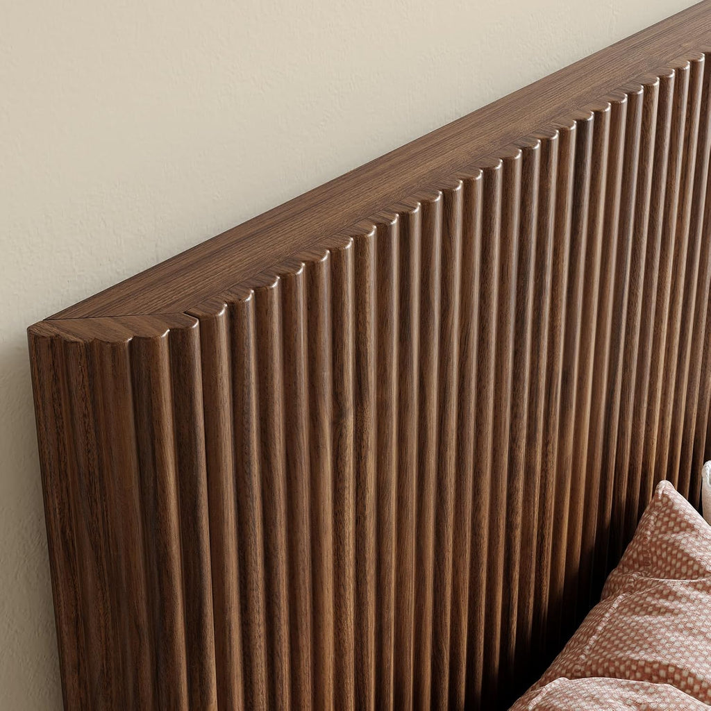 Evermagin Walnut Queen Bed Frame with Headboard, Mid Century Modern Fluted Platform Bed, Boho Wooden Bed Base No Box Spring Needed, Wavy Grooved Panel