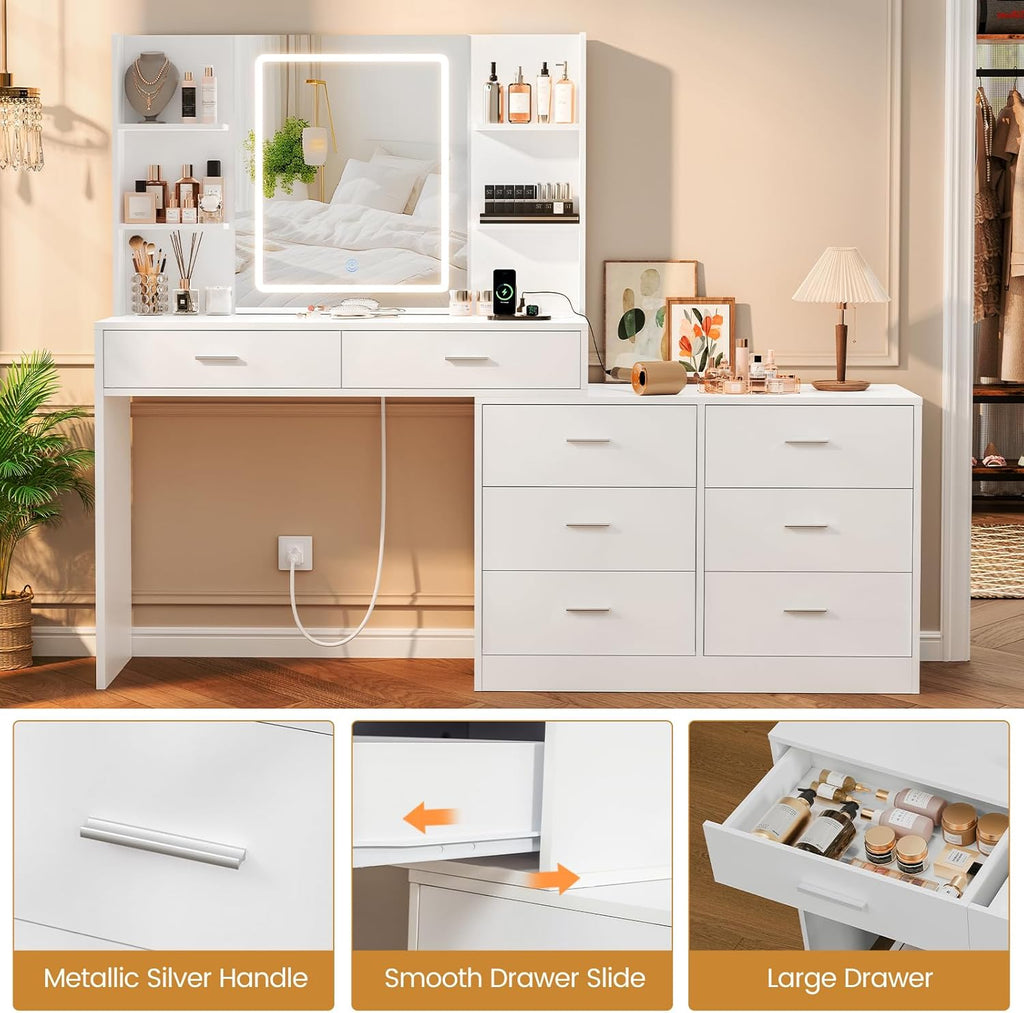 Quimoo Vanity Desk with LED Lighted Mirror & Power Outlet, Modern Corner Makeup Vanity Table with 8 Drawers & Open Shelves, Dressing Table for Bedroom, Makeup Room, White