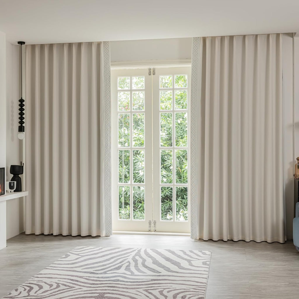 Luxury Cotton Linen Pinch Pleat Curtains, Embroidered Trim Memory Trained Drapes for Stylish Living Room, (50" W x 96" L)