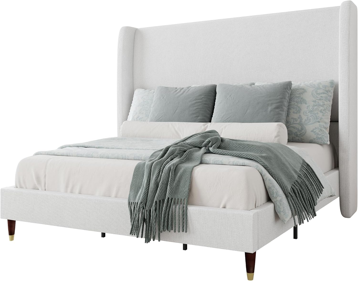 Jocisland King Upholstered Platform Bed Frame with 51.2" Tall Wingback Headboard–Solid Wood Legs, No Box Spring Needed, White Linen–Modern Style for Any Bedroom