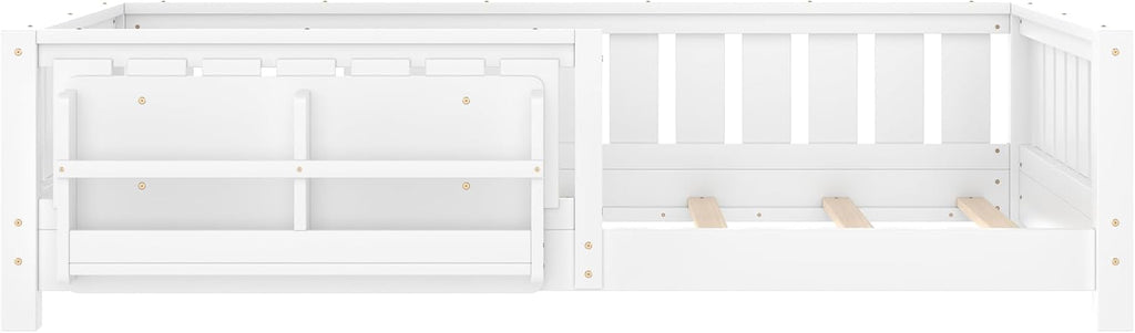 Bellemave Twin Floor Bed with Slats and Safety Guardrail, Twin Size Montessori Floor Bed with Fence and Built-in Bookshelf, Easy Assemble Montessori Beds for Kids, Girls, Boys, White