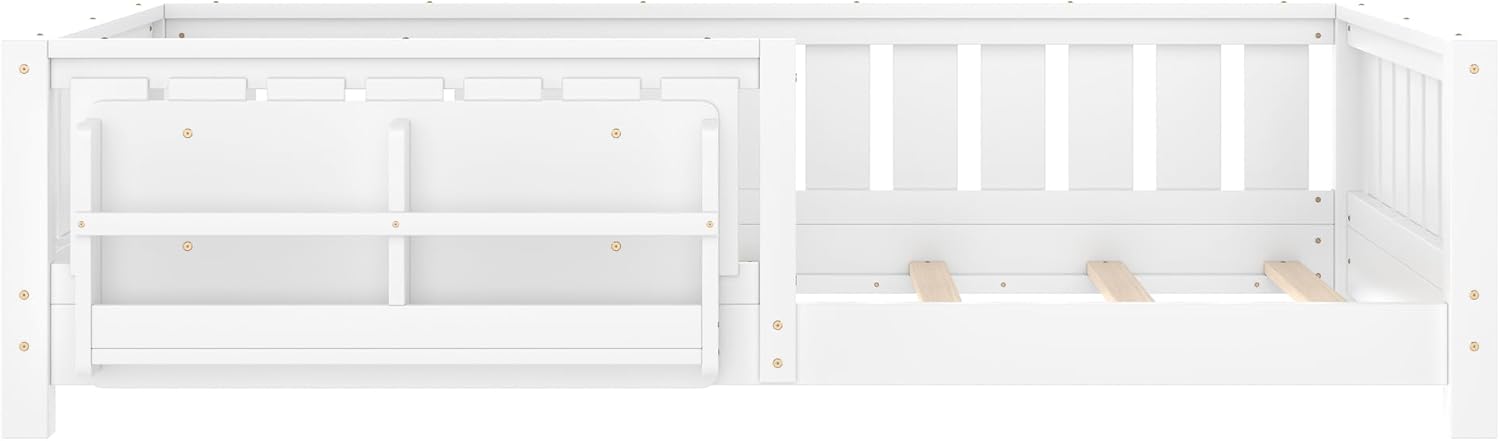 Bellemave Twin Floor Bed with Slats and Safety Guardrail, Twin Size Montessori Floor Bed with Fence and Built-in Bookshelf, Easy Assemble Montessori Beds for Kids, Girls, Boys, White