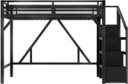 Bellemave Queen loft Bed with Storage Stairs, Wardrobe, Shelves, Metal Queen Size Loft Bed Frame for Adults, Kids, Teens, Black with Black Woodgrain