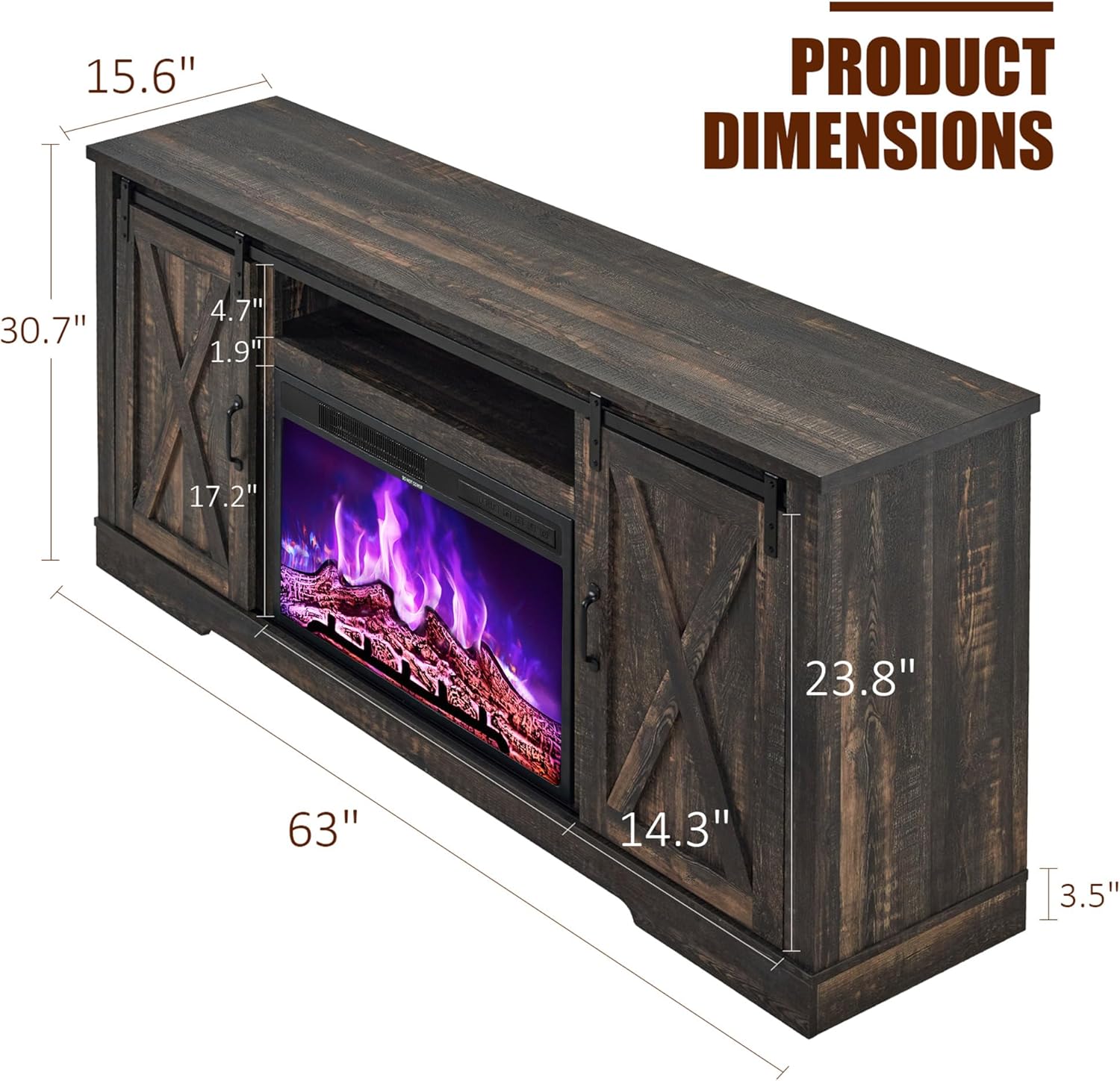 AMERLIFE Fireplace TV Stand with Sliding Barn Door for TVs up to 73", Farmhouse 63" Fireplace Entertainment Center with Storage Cabinets/Adjustable Shelves, Dark Rustic Oak