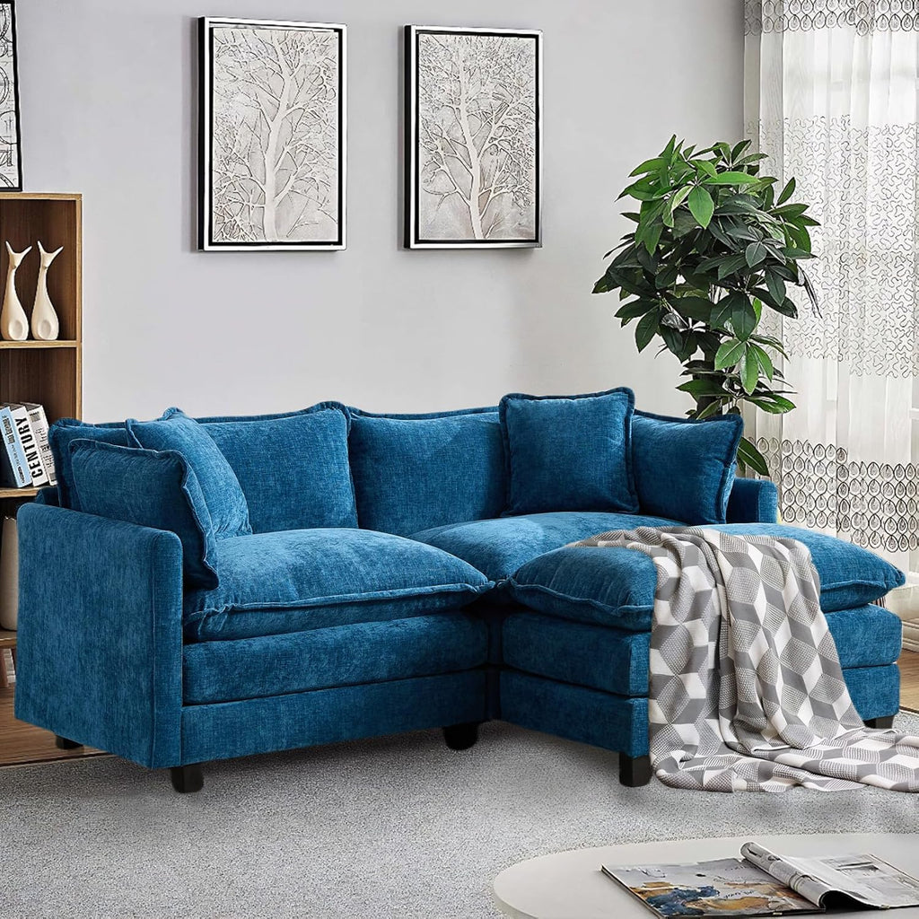 SoarFlash Chenille 77.95" Sectional Sofa, Comfy L Shaped Modular Coush Sofa with Ottoman, Modern 2 Seat Couch Deep Seat Sofa Set for Living Room,Blue