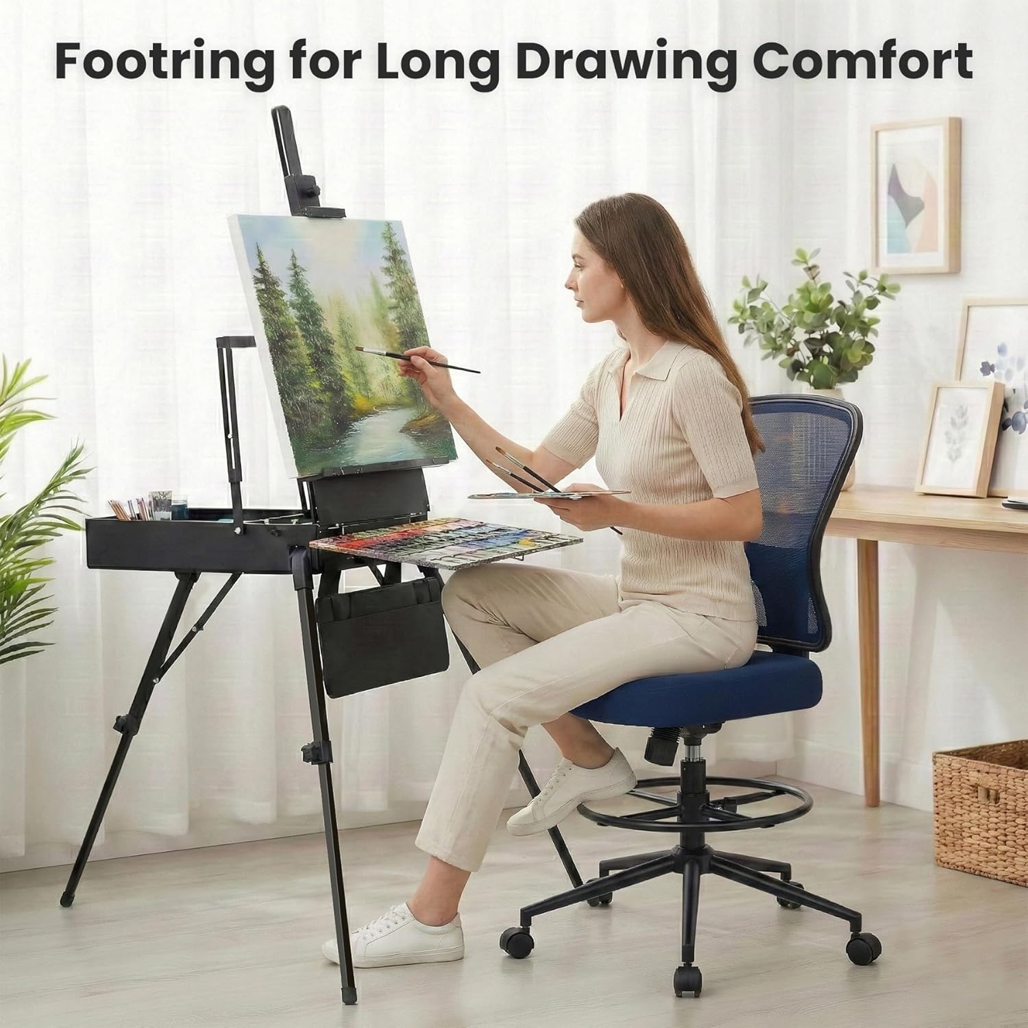 Armless Drafting Chair Tall Office Chair for Standing Desk - Adjustable Height Mesh Ergonomic Drafting Stool with Foot Ring & Wheels, Rolling Counter Height Computer Chair for Home Office