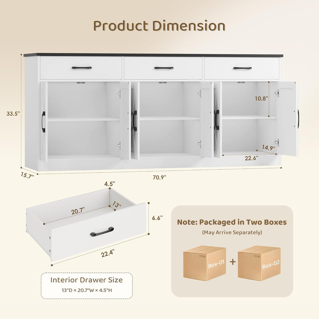 HOSTACK 71" Large Sideboard Buffet Cabinet with Storage, Farmhouse Coffee Bar Cabinet with 3 Drawers, Long Kitchen Buffet Table, Kitchen Sideboard Storage Cabinet for Dining, Living Room, White/Black