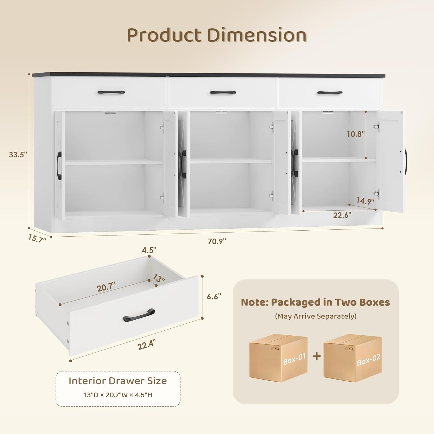 HOSTACK 71" Large Sideboard Buffet Cabinet with Storage, Farmhouse Coffee Bar Cabinet with 3 Drawers, Long Kitchen Buffet Table, Kitchen Sideboard Storage Cabinet for Dining, Living Room, White/Black