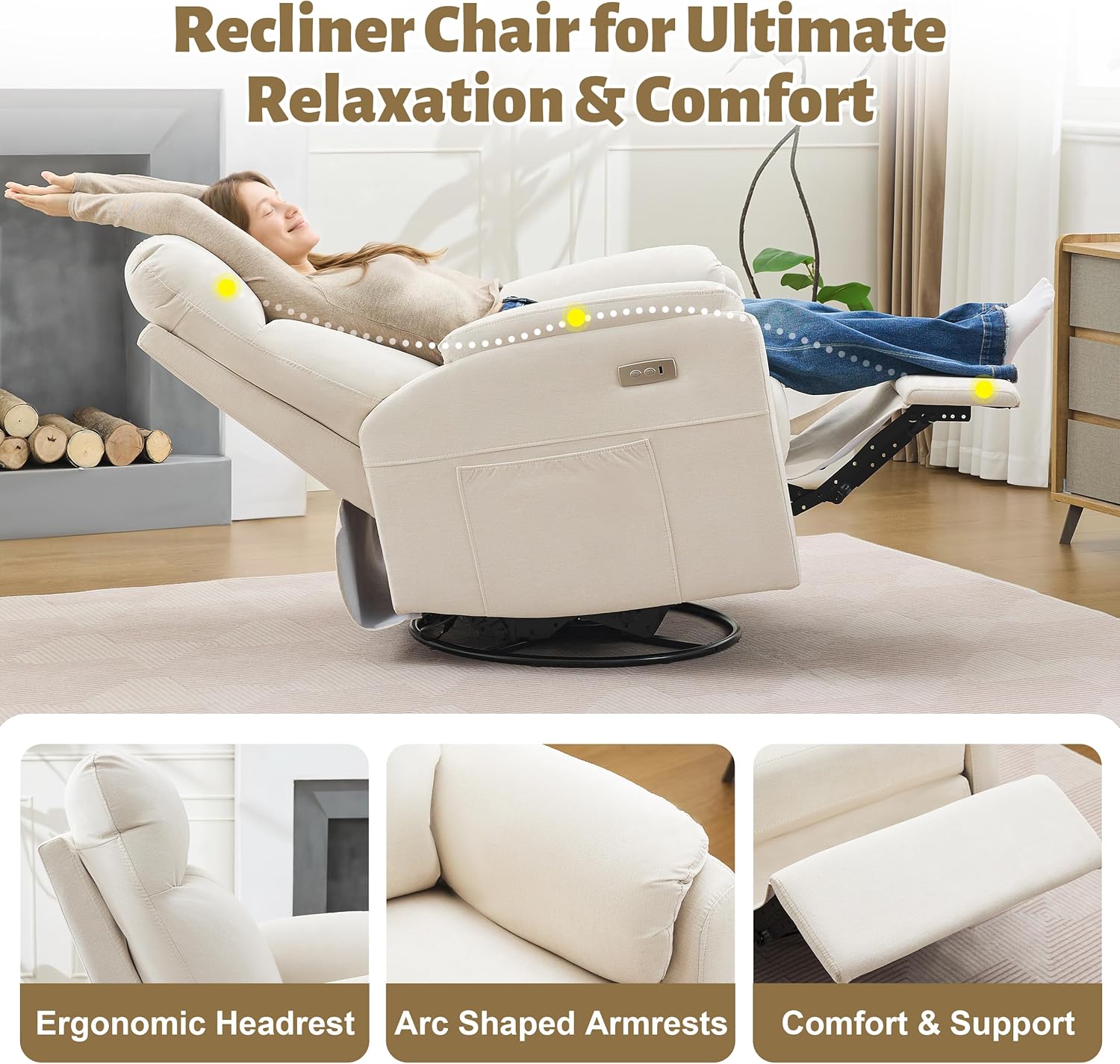 Power Glider Recliner Nursery Rocking Chair with USB Ports, Glider Chair with Lumbar Pillow for Living Room, Glider Swivel Recliner Chair for Nursery(Beige)