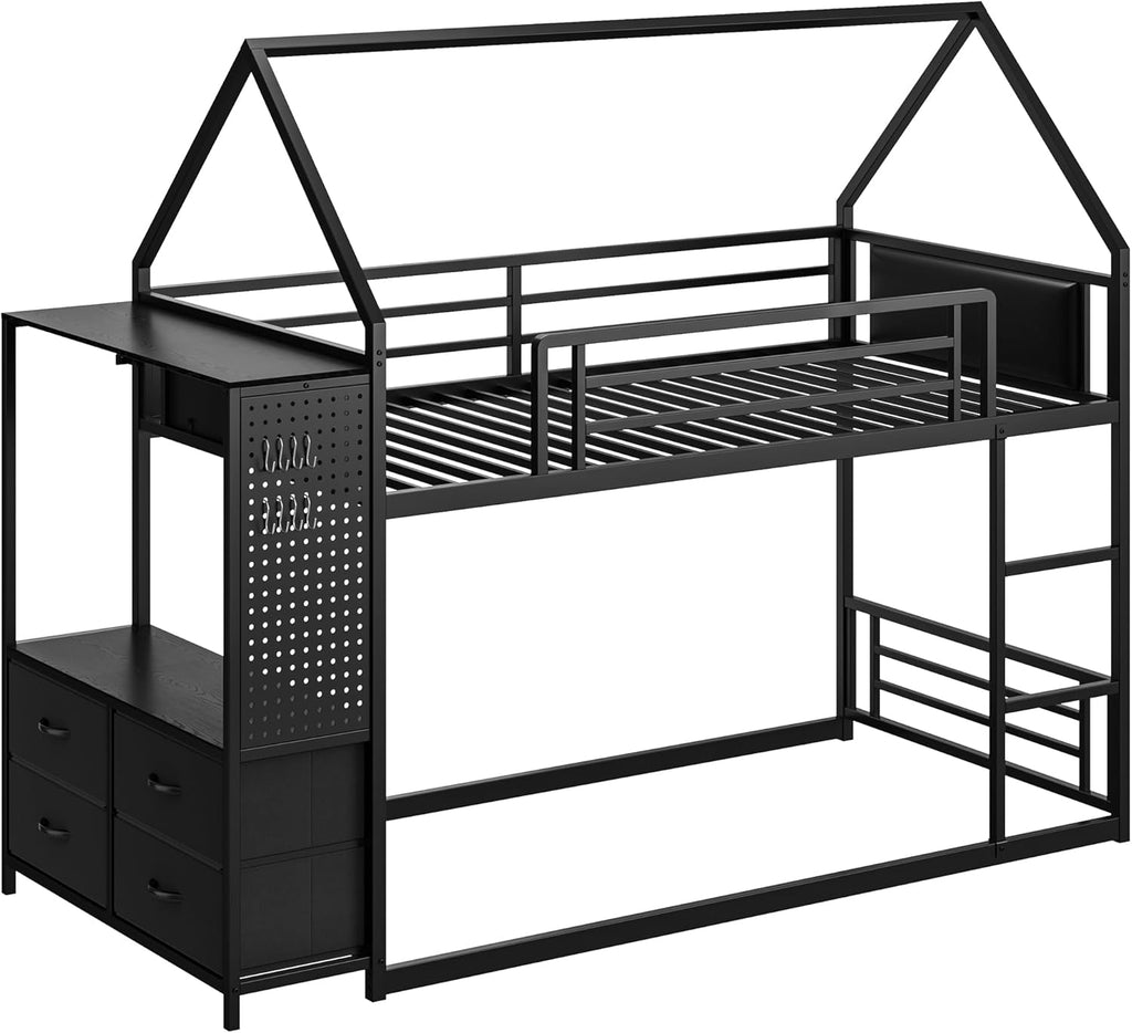 LIKIMIO Bunk Bed Twin Over Twin, House Bed Frame with 6 Storage Drawers,Hall Tree, Twin Bed with Metal Slats for Dormitory and Bedroom, Space Saving, No Box Spring Needed, Black