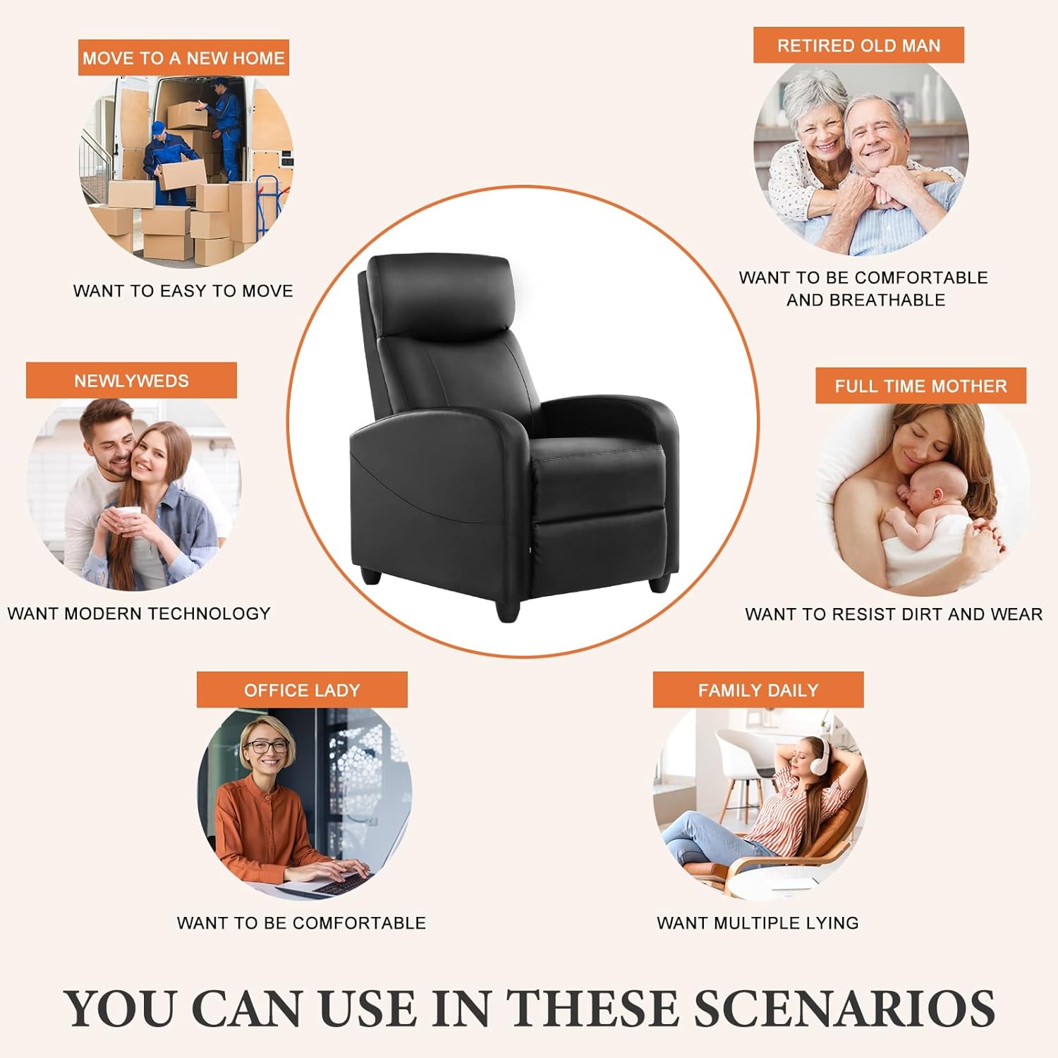 Sweetcrispy Massage Recliner Chair for Adults, Adjustable Home Theater Seating with Lumbar Support for Living Room, Modern Fabric Reclining, Black