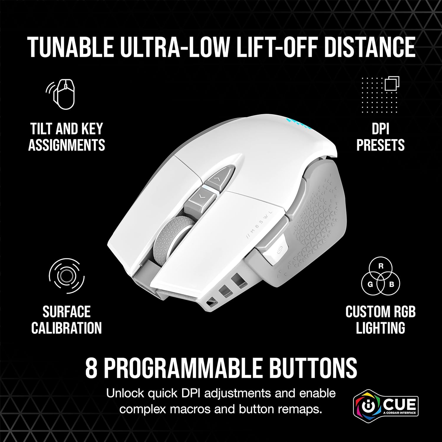 Corsair M65 RGB Ultra Wireless Tunable FPS Wireless Gaming Mouse - Sub-1ms Slipstream Wireless Technology, 26,000 DPI Optical Sensor, Up to 120 Hours of Battery Life, 8 Programmable Buttons - White