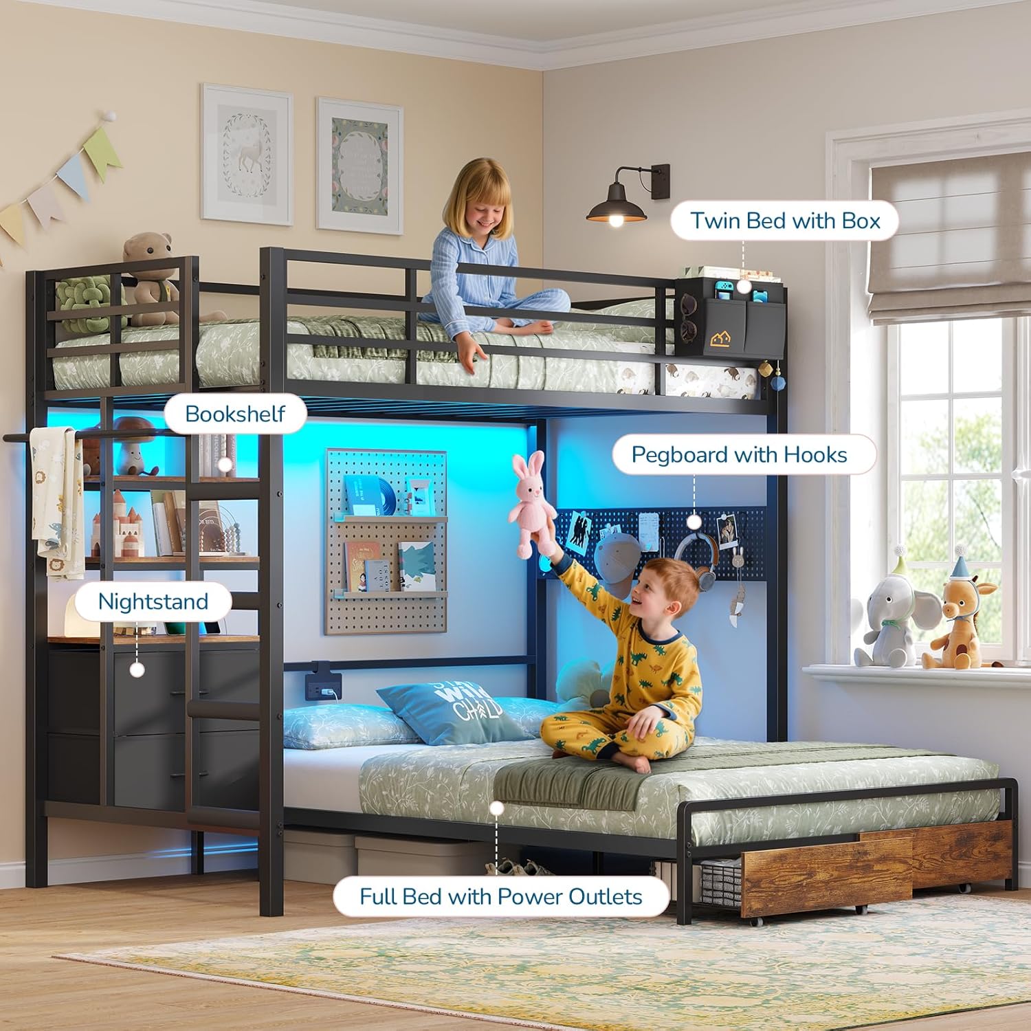 Twin Over Full Size Bunk Bed with 4 Storage Drawers and Bookshelf, Metal Bunk Beds with LED Lights, Charging Station, Loft Bunk Bed with Pegboard, Safety Guardrail and Ladders, for Kids, Teens, Adults