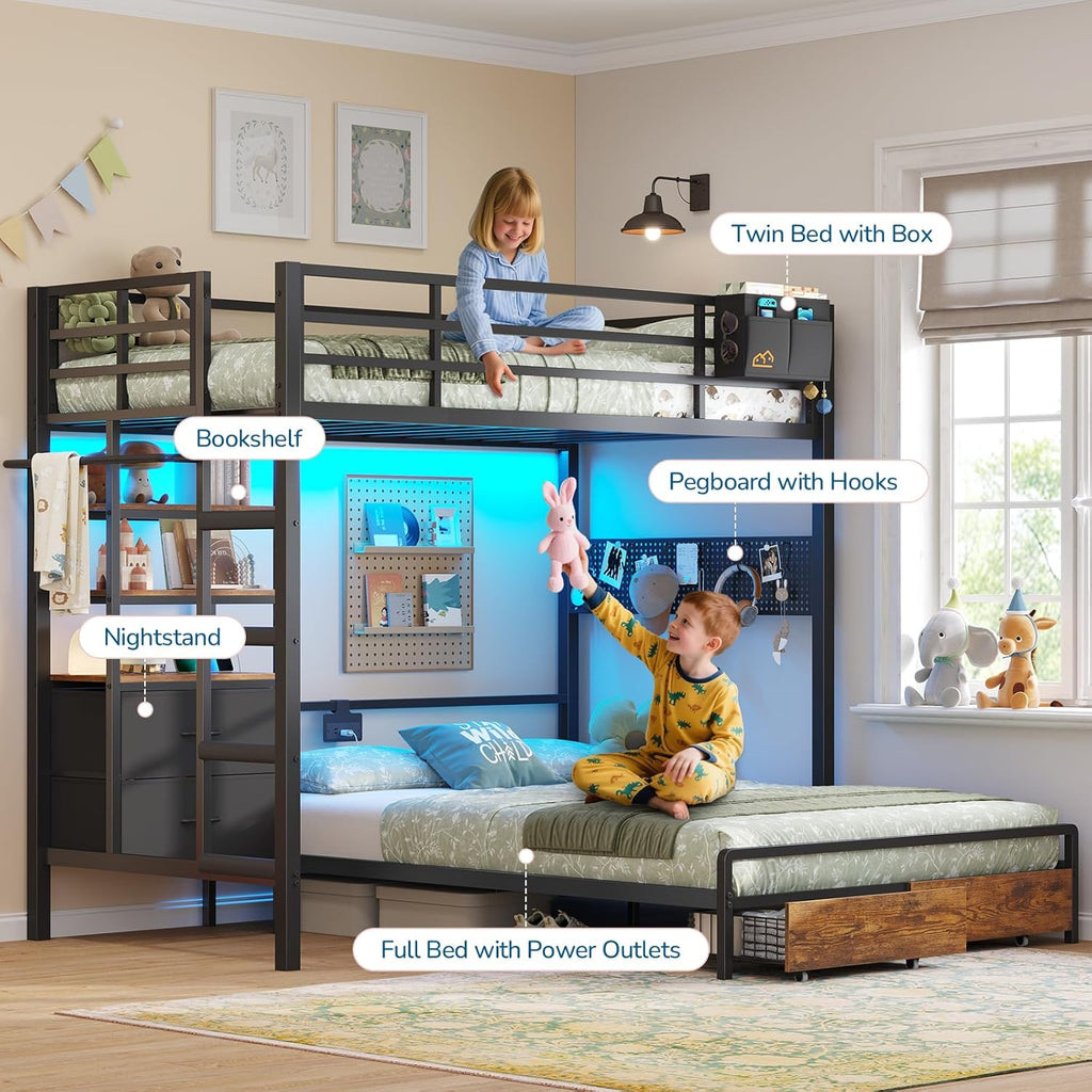 Twin Over Full Size Bunk Bed with 4 Storage Drawers and Bookshelf, Metal Bunk Beds with LED Lights, Charging Station, Loft Bunk Bed with Pegboard, Safety Guardrail and Ladders, for Kids, Teens, Adults