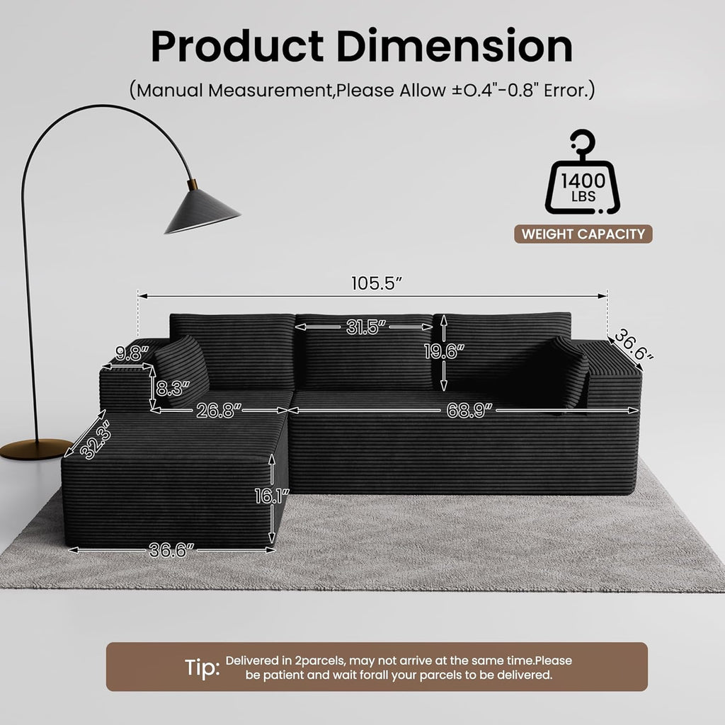 106" Cloud Sectional Boneless Couches for Living Room, Modular L Shaped Couch with Deep Seat Oversized Left Facing Chaise, Memory Foam Compressed Spineless 3 Seater Sofa for Bedroom Apartment, Black