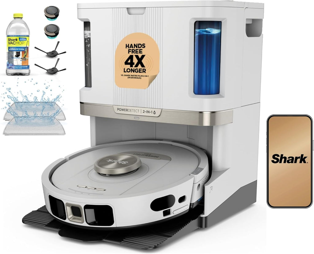 Shark Robot Vacuum & Mop Combo, PowerDetect NeverTouch Pro, Pad Wash & Dry, 60-Day Debris Capacity, 5PowerDetect Technologies,White,AV2800ZE, for Carpets & Hardfloors
