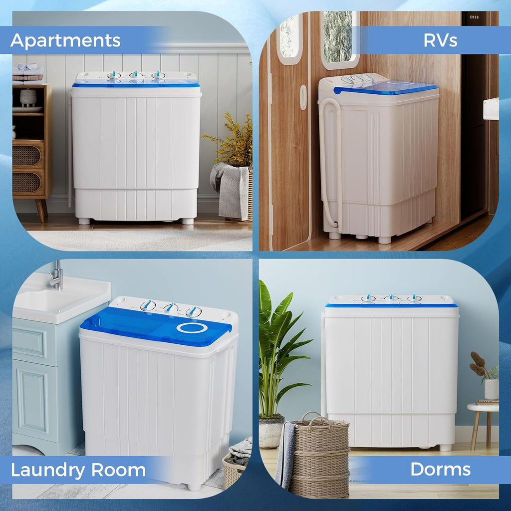 Giantex Portable Washing Machine, 17.6lbs Compact Washer Spinner Combo with Pump Drain, Twin Tub 11lbs Wash & 6.6lbs Spin, Lavadoras Portatiles for Apartment RV Dorm College (White & Blue)