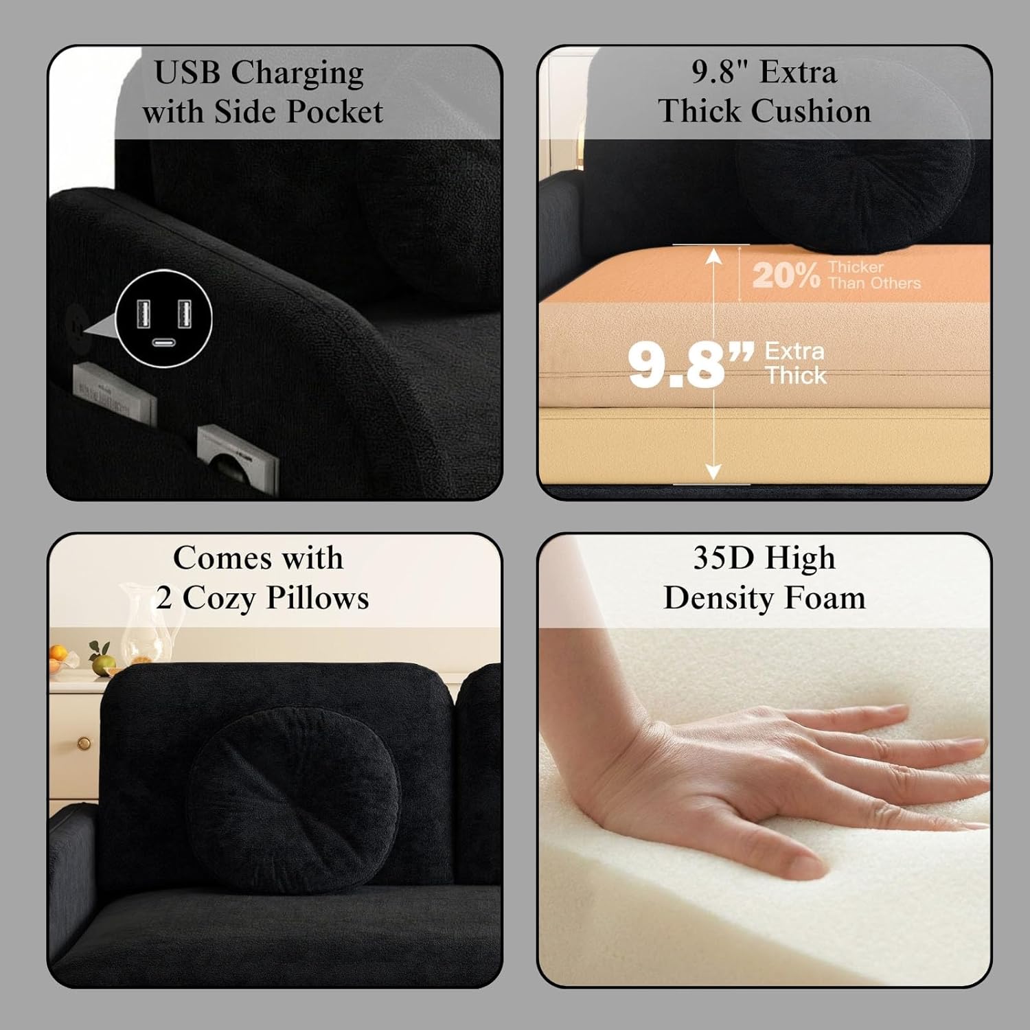 3-in-1 Sleeper Sofa Loveseat with Pull-Out Bed, Chenille Convertible Couch with Double-Layer Cushions, USB Ports & Storage Pockets for Living Room and Apartment (Black, 52.4") | Convertible Sleeper