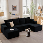 135" U-Shape Cloud Couch, Modern Modular Sectional Comfy L-Shape Sofa with Ottoman, Deep Seat, Upholstered Corduroy Sleeper Chaise Longue for Living Room Bedroom, No Assembly Required, Black