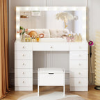 VOWNER Vanity with Lighted Mirror - Makeup Vanity Desk with Glass Top and 11 Drawers, 3 Color Lighting Modes Adjustable Brightness, 46" Vanity Table with Soft Cushioned Stool for Bedroom, White