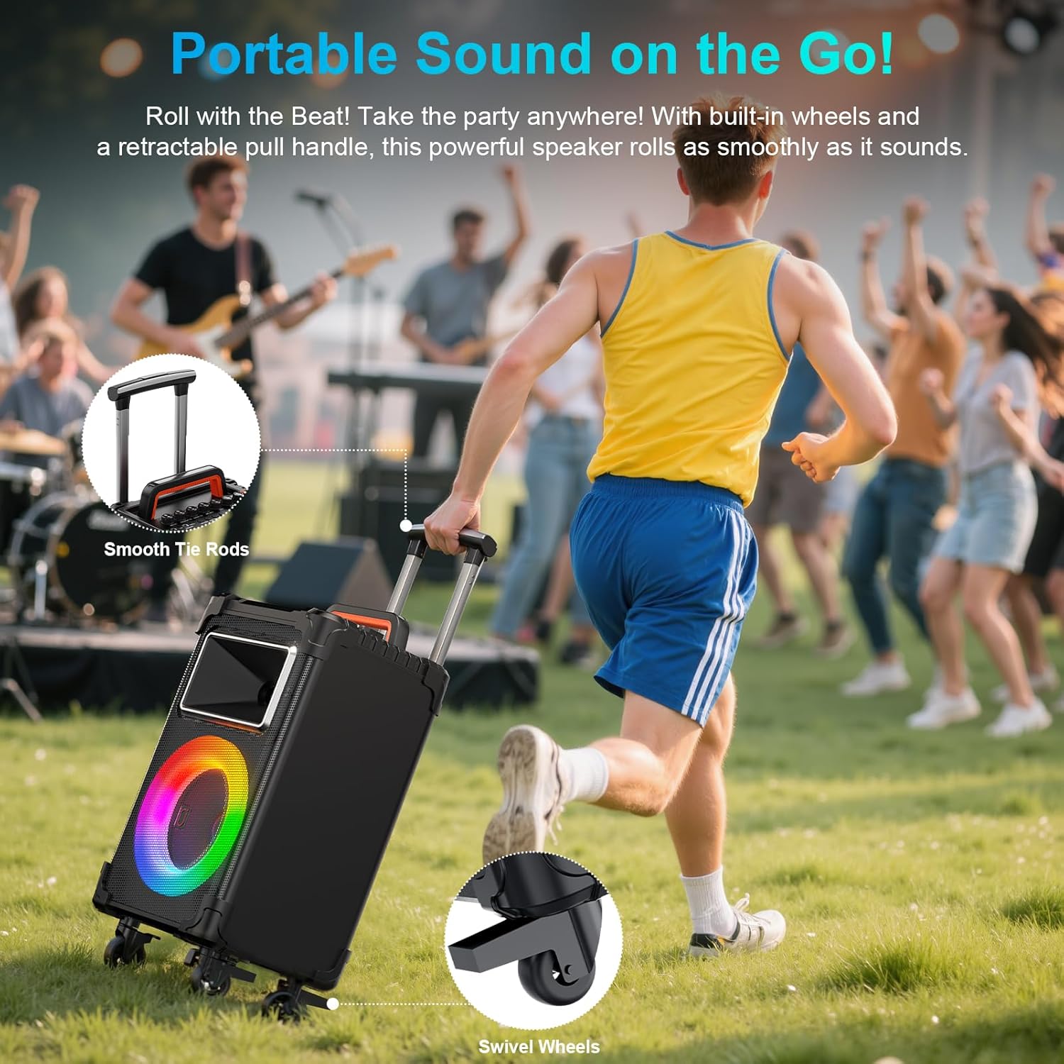 JYX Karaoke Machine with 2 Wireless Mics  10" Woofer 500W Peak Power Big Portable Bluetooth Speaker with Bass/Treble Adjustment  PA System with Remote Control  LED Lights  Rolling Wheels and Trolley